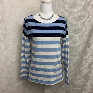 Joules Women’s Blue White Stripe Long Sleeve Shirt Size 10 Cotton Pockets